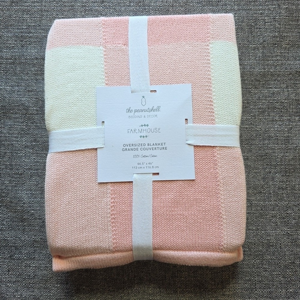 The Peanutshell Oversized Pink & White Checkered Knit Farmhouse Baby Blanket New